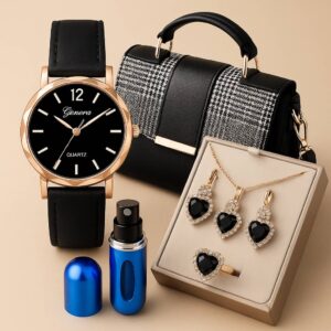 Montre+ Sac à Main+ Aspirateur de Parfum+ Collier+ Boucles d’oreille+ Bague -Trésor de Luxe Féminin 7 en 1